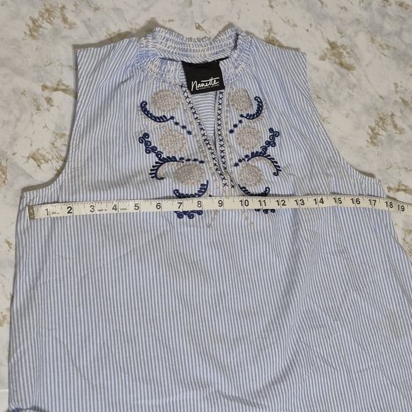 Nanette Lepore Ruffle VNeck Tank Medium Embroidered Striped Boho Blue White - Picture 5 of 9